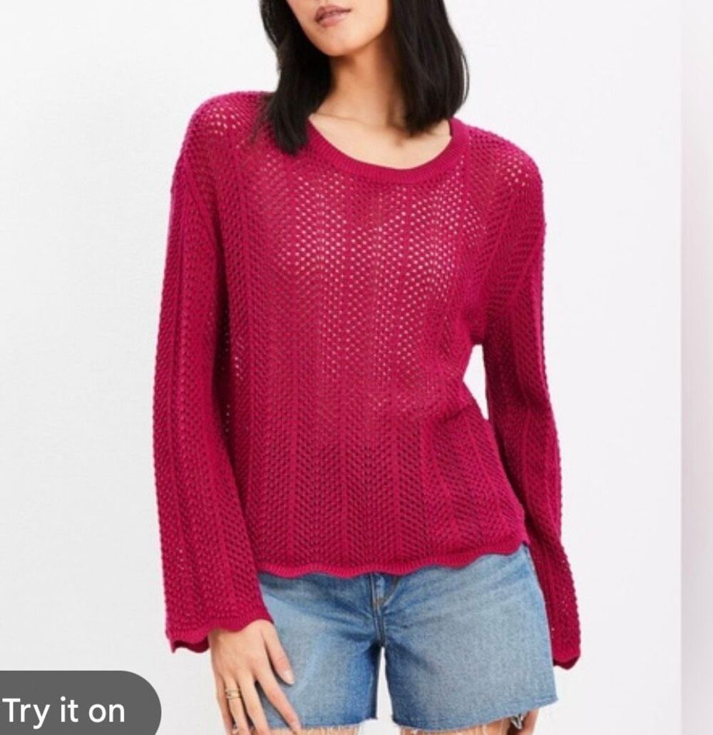 Loft 100% cotton pink crochet knit scallop hem sweater small